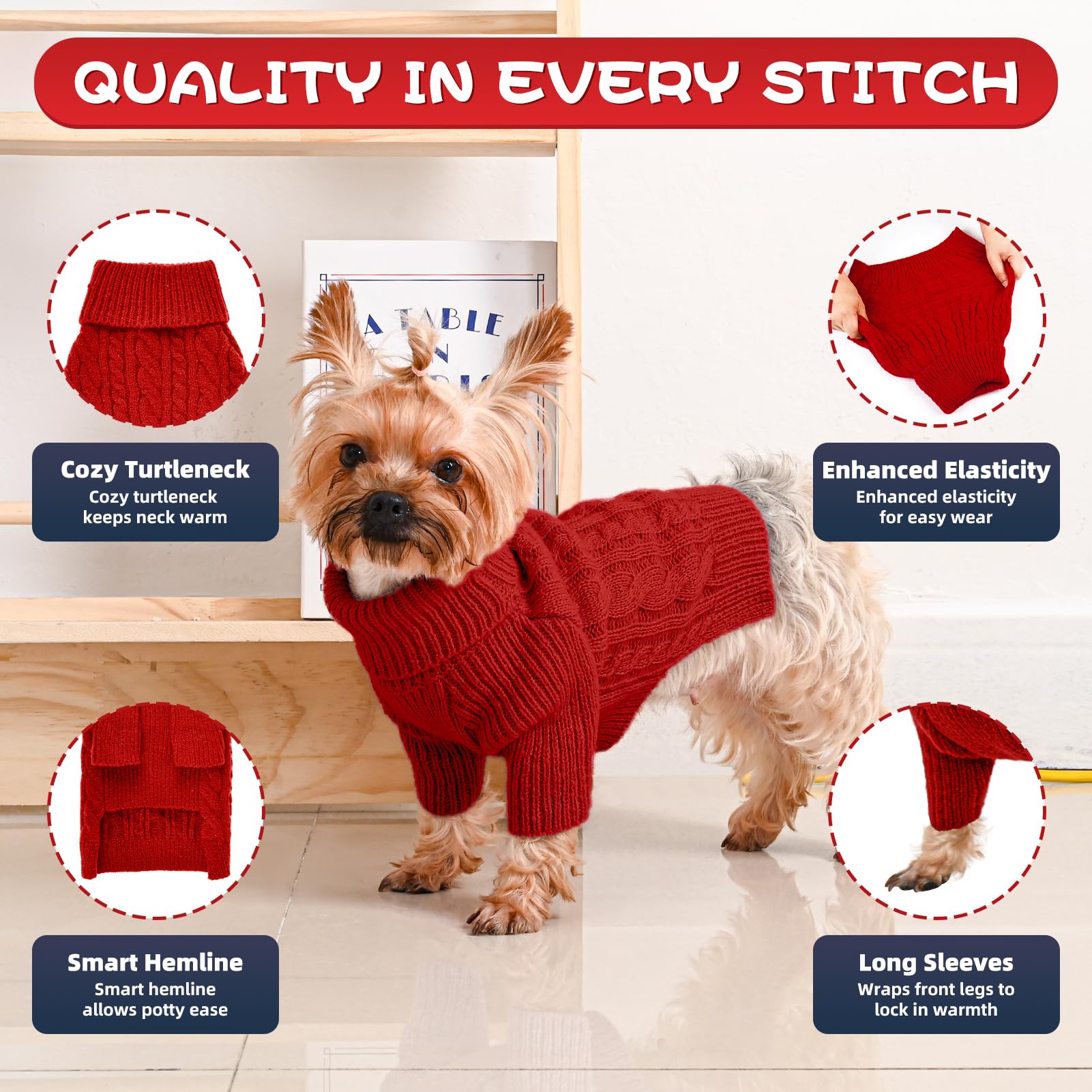 Lorehelina dog sweater back view in red highlights secure, cozy fit for winter walks.