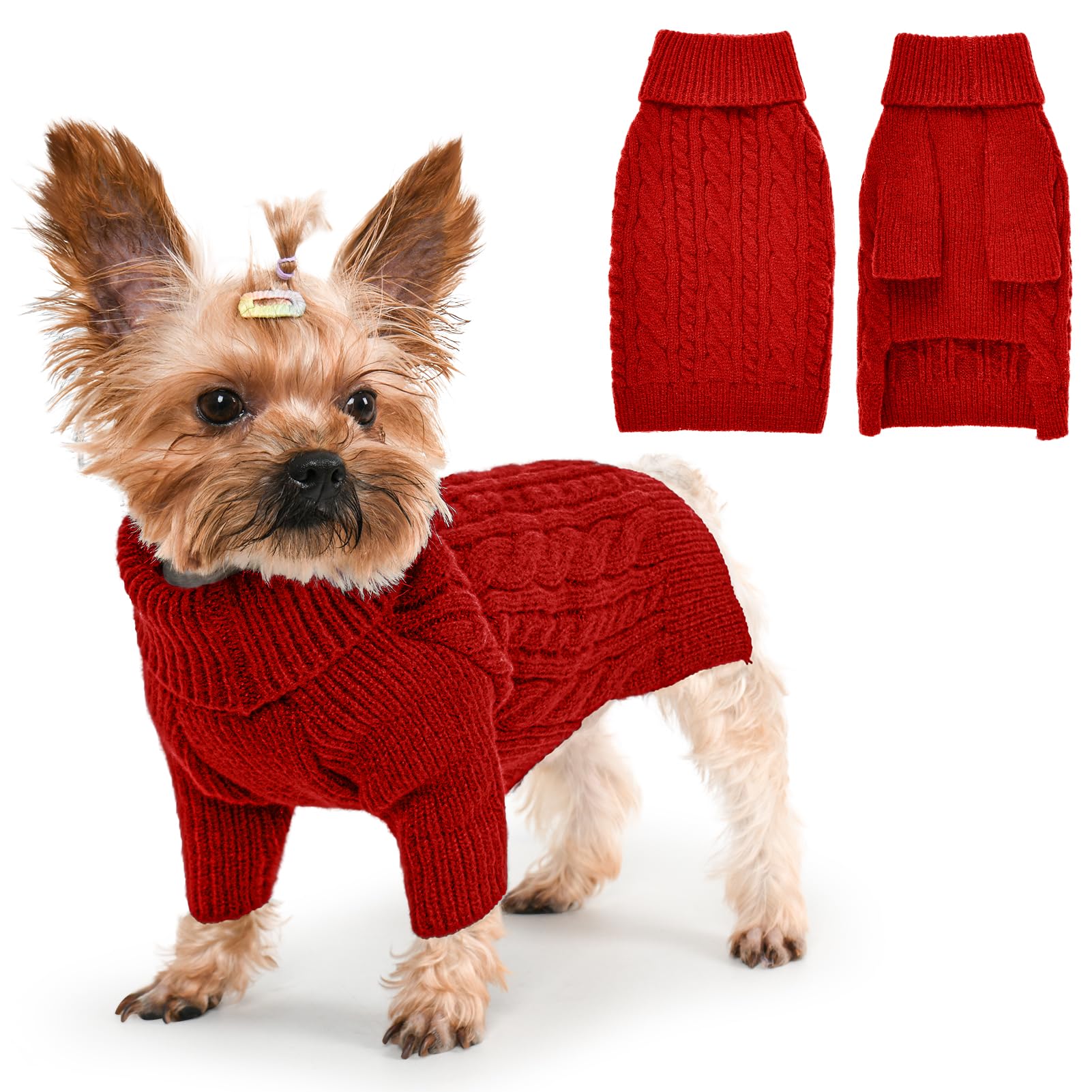 Lorehelina dog sweater front view in red for small dogs, showcasing warm turtleneck comfort.