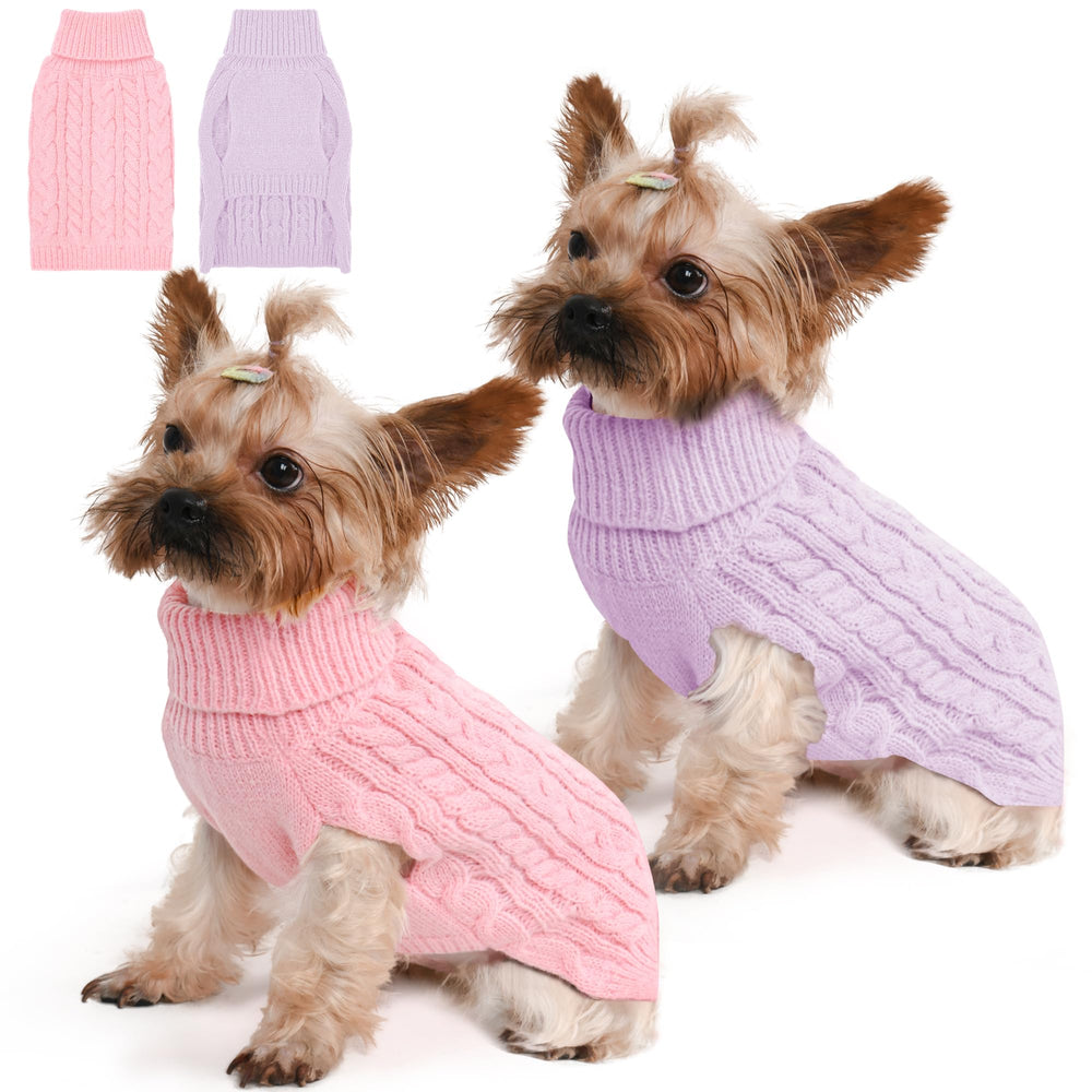Lorehelina two-pack pink and purple dog sweaters worn by a small dog for warmth