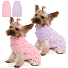 Lorehelina two-pack pink and purple dog sweaters worn by a small dog for warmth