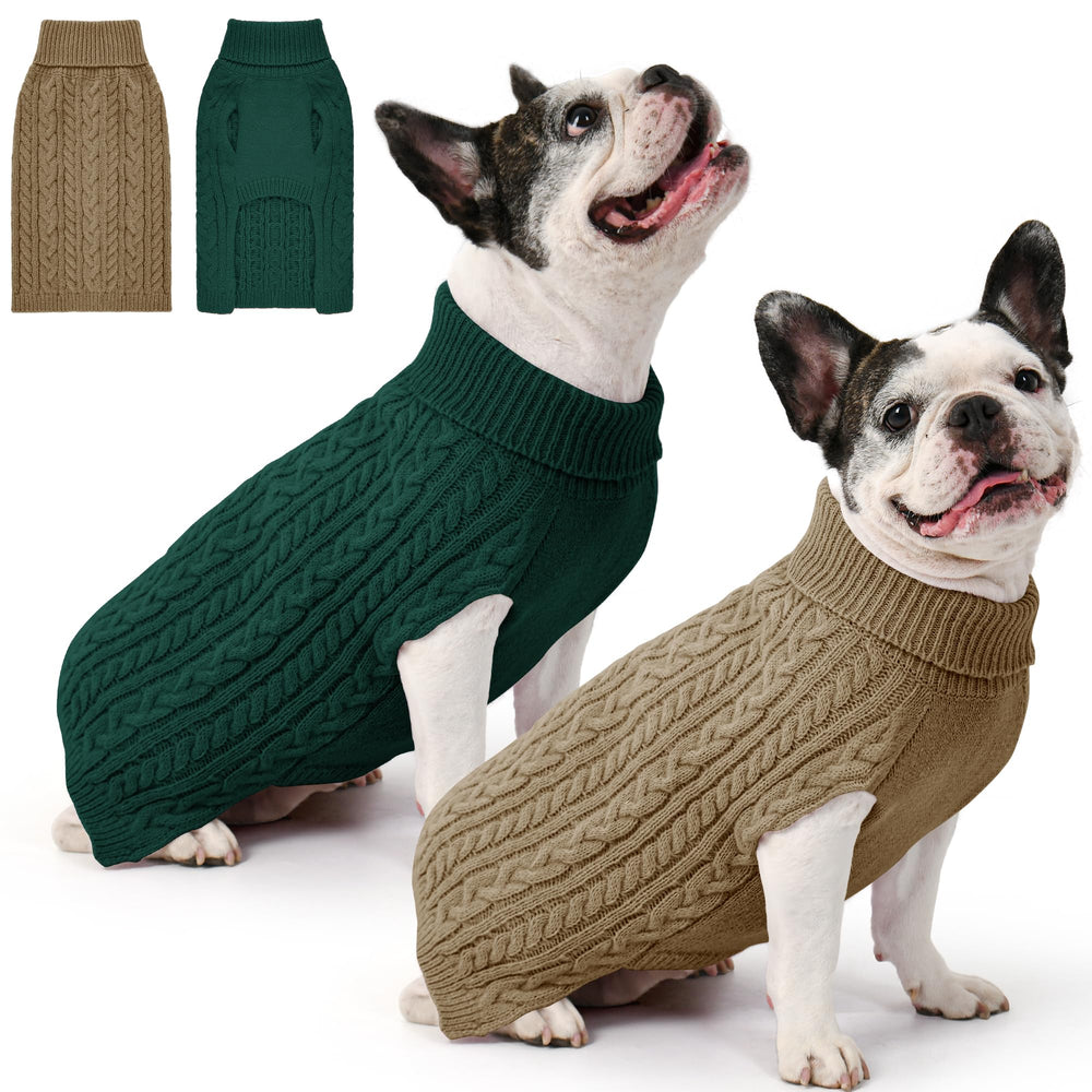 Lorehelina two-pack dog sweaters front view in green and brown for medium dogs warmth