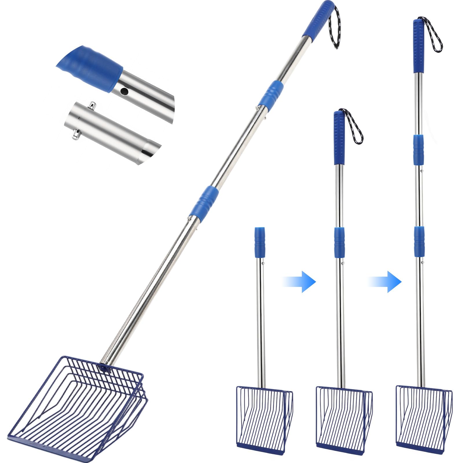 Lothee blue metal cat litter scoop with extendable long handle enables standing scooping.