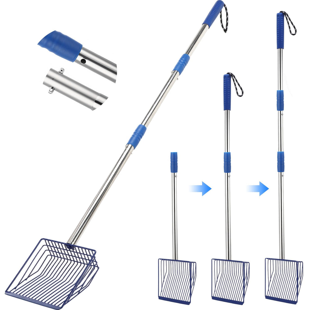 Lothee blue metal cat litter scoop with extendable long handle enables standing scooping.