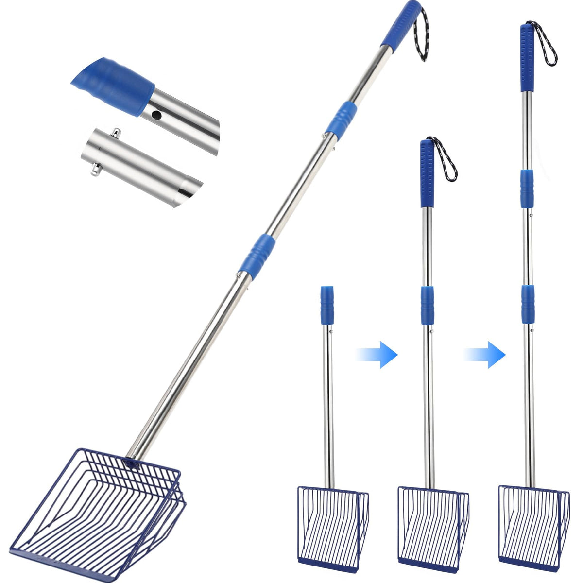 Lothee blue metal cat litter scoop with extendable long handle enables standing scooping.