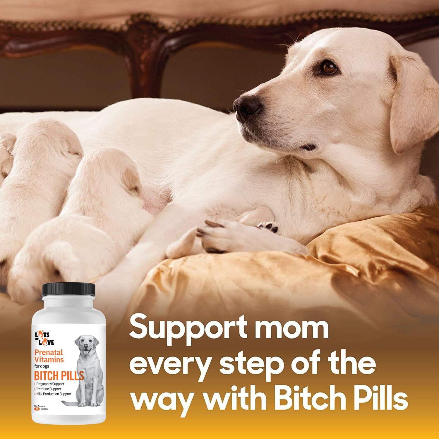Lots of Love Bitch Pills ingredients list featuring folic acid and iron for health.