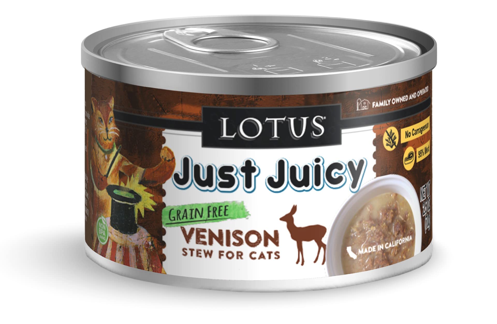 Lotus Just Juicy Venison Stew can close-up showing rich venison broth for hydration in cats