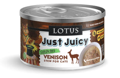 Lotus Just Juicy Venison Stew can close-up showing rich venison broth for hydration in cats
