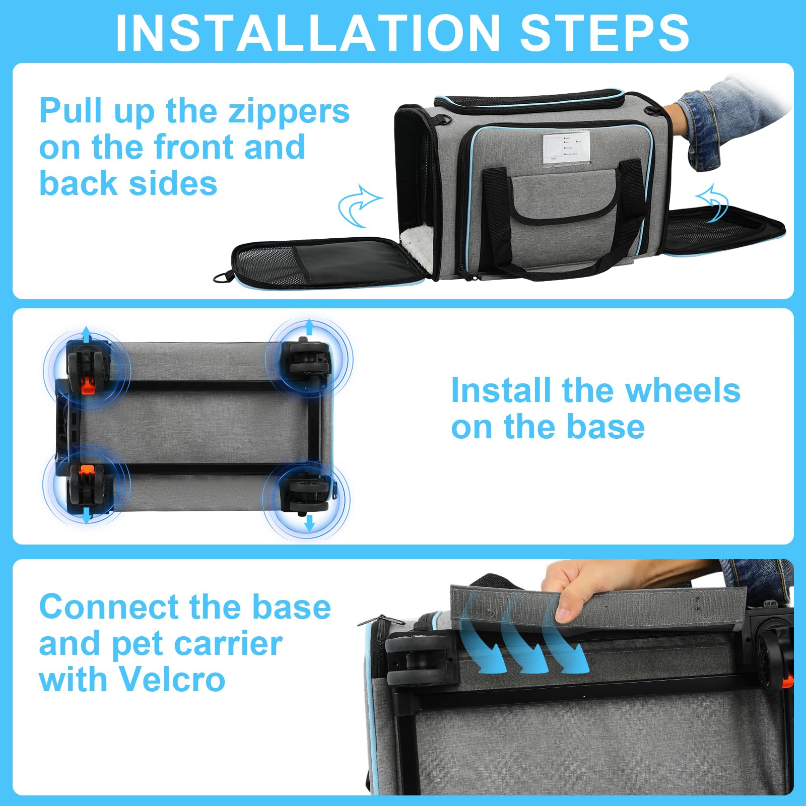 lounginglife pet travel bag includes storage pocket and safety belt.