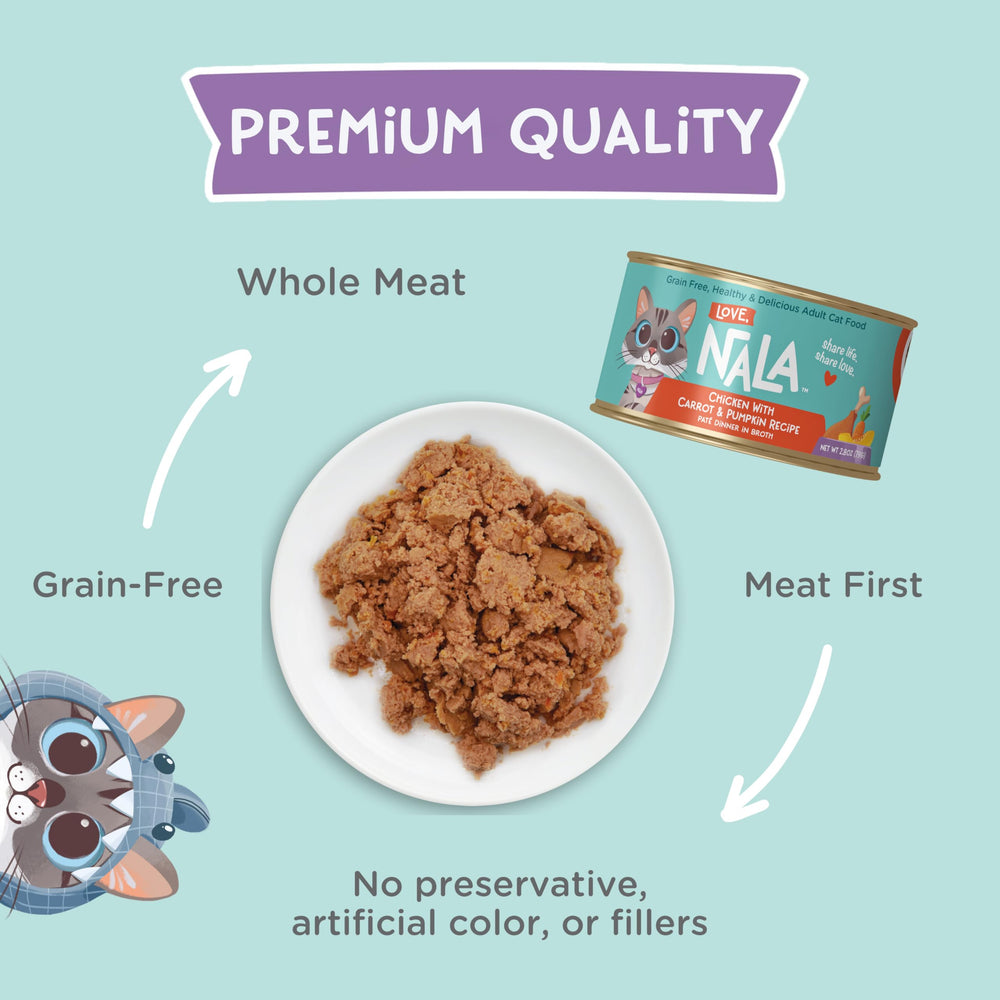 LOVE, NALA grain-free formula image emphasizes non-GMO nutrition.