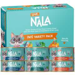 LOVE, NALA pate tuna can close-up highlighting grain-free nutrition for cats