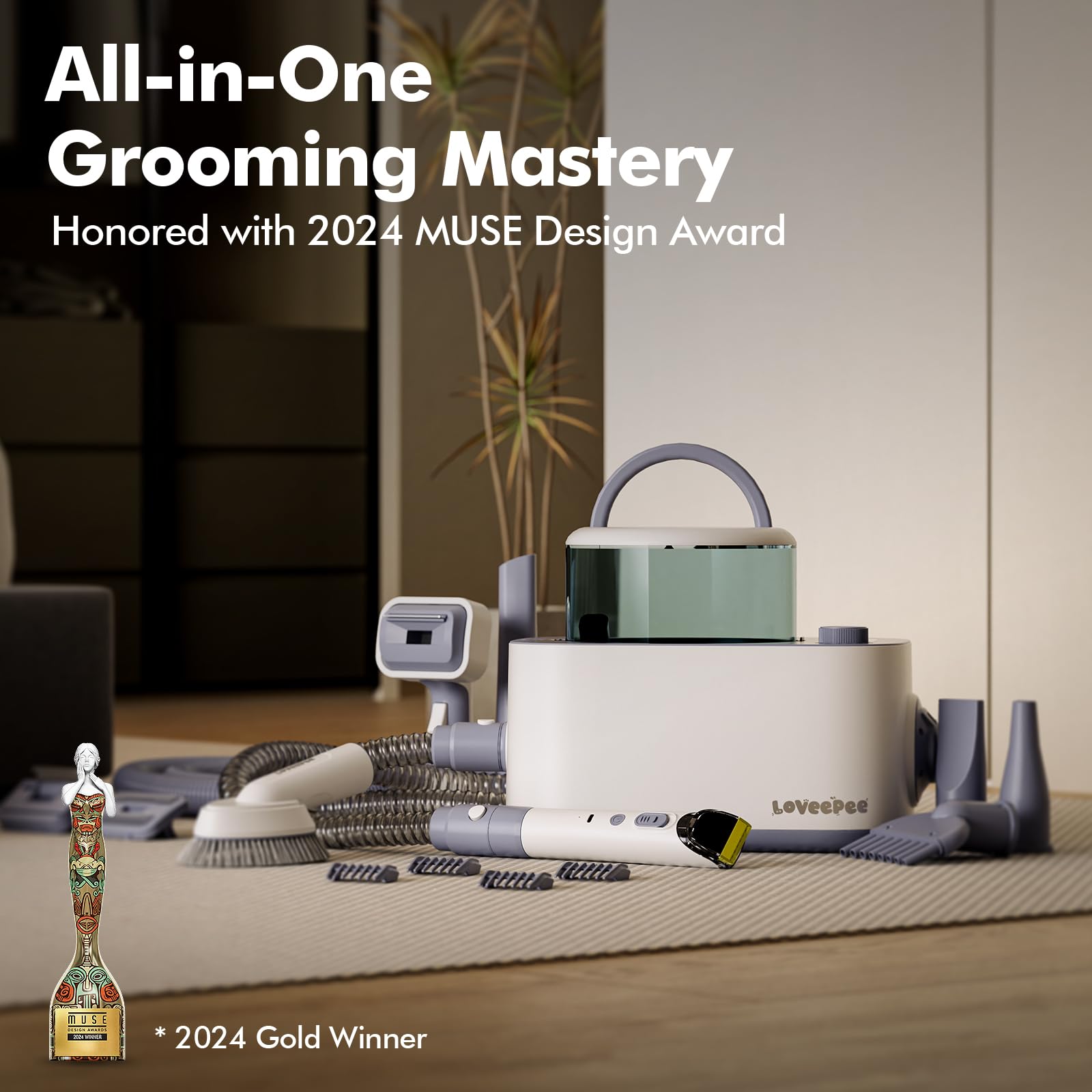 LOVEEPEE dog grooming vacuum kit in-use showcasing quiet suction and easy cleanup