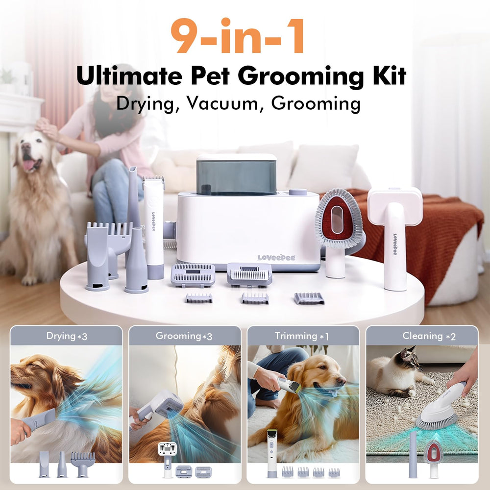 LOVEEPEE dog grooming vacuum kit side operation demonstrates 9-in-1 versatility for home care