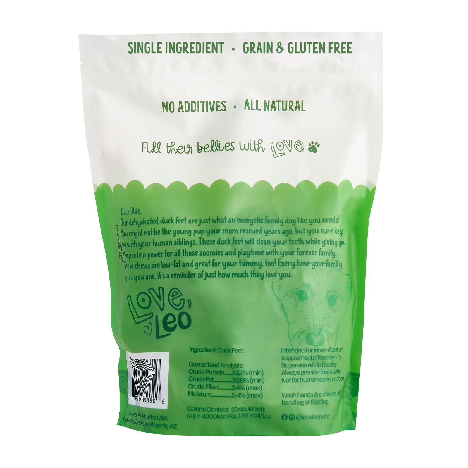 Love Leo duck feet made in USA label signals premium USA-made chews.