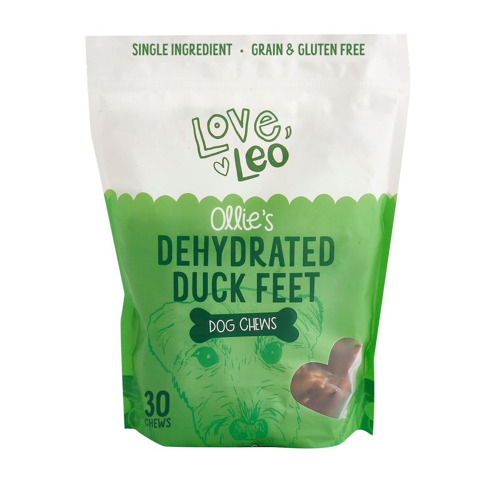 Love Leo duck feet pack front shows grain-free chews for training rewards.