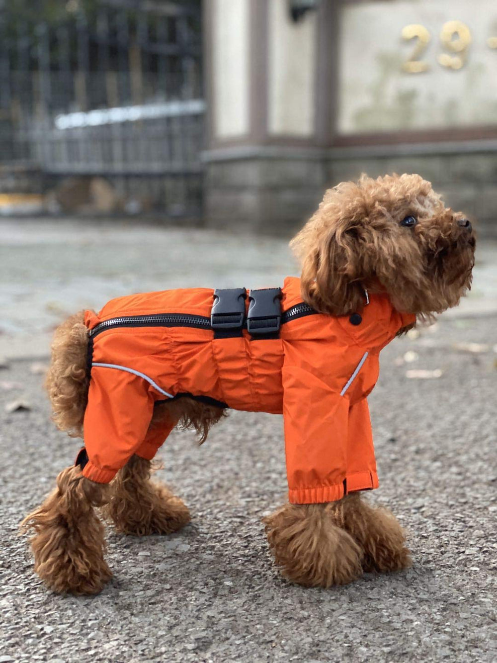Lovelonglong dog jacket orange smooth zipper allows easy on and off.