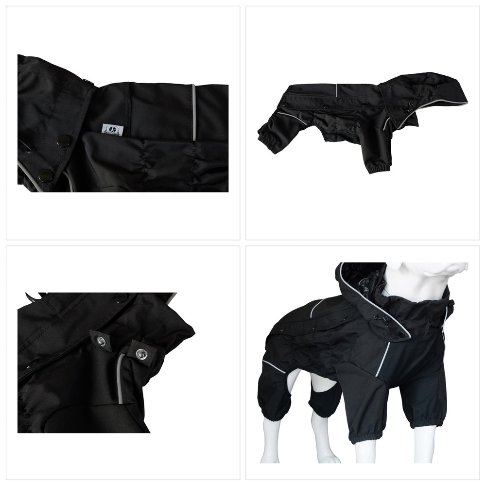 Lovelonglong full-body dog jacket covers legs against mud and rain.