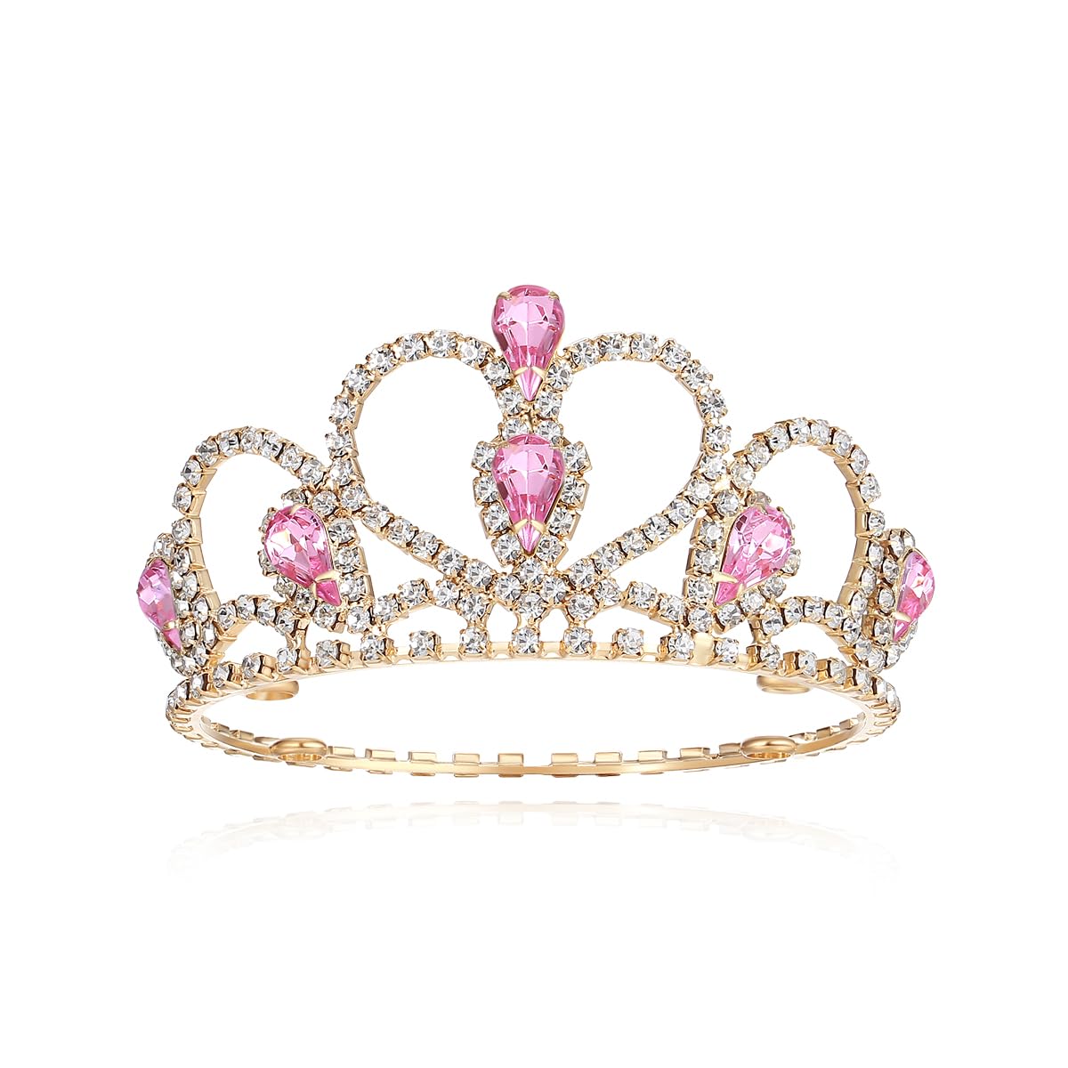 Lovelyshop Pink Gem Gold Pet Crown front view with sparkling rhinestones for cute costume wear
