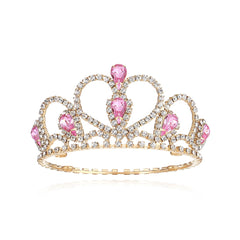 Lovelyshop Pink Gem Gold Pet Crown front view with sparkling rhinestones for cute costume wear