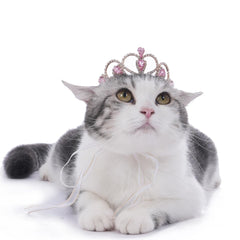 Lovelyshop Pink Gem Gold Pet Crown side view showing secure ribbon fit for small pets