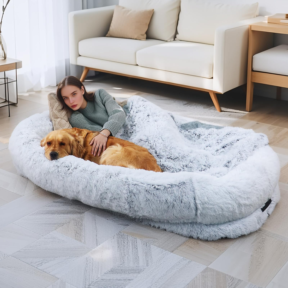 Lovepals human dog bed full view showing oversized space for adults and pets
