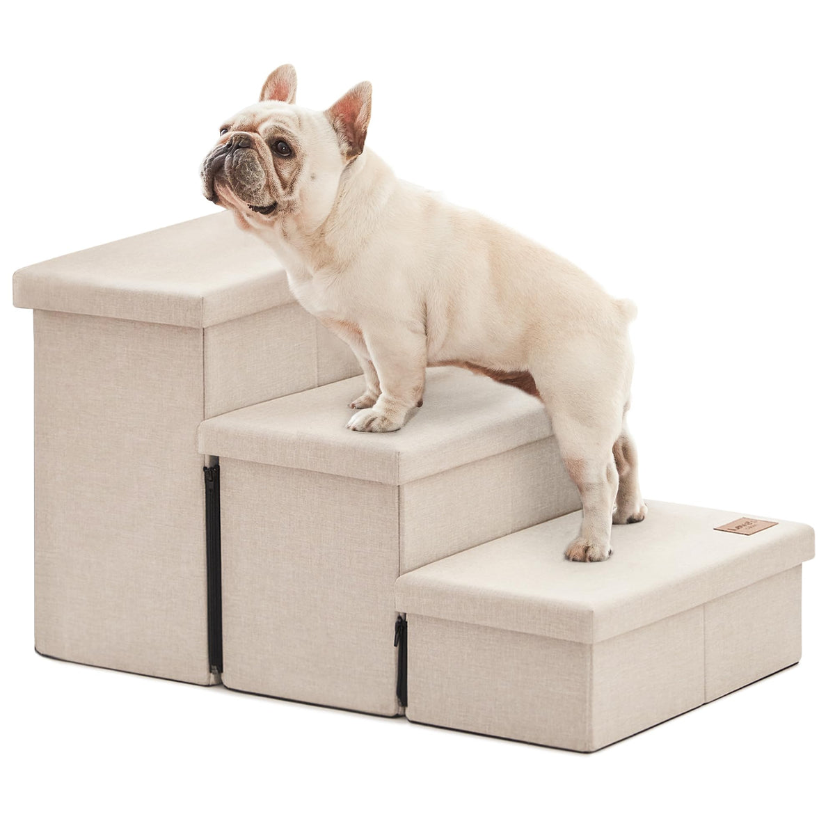 Love's cabin dog stairs 3-steps beige setup helps pets reach high beds safely.