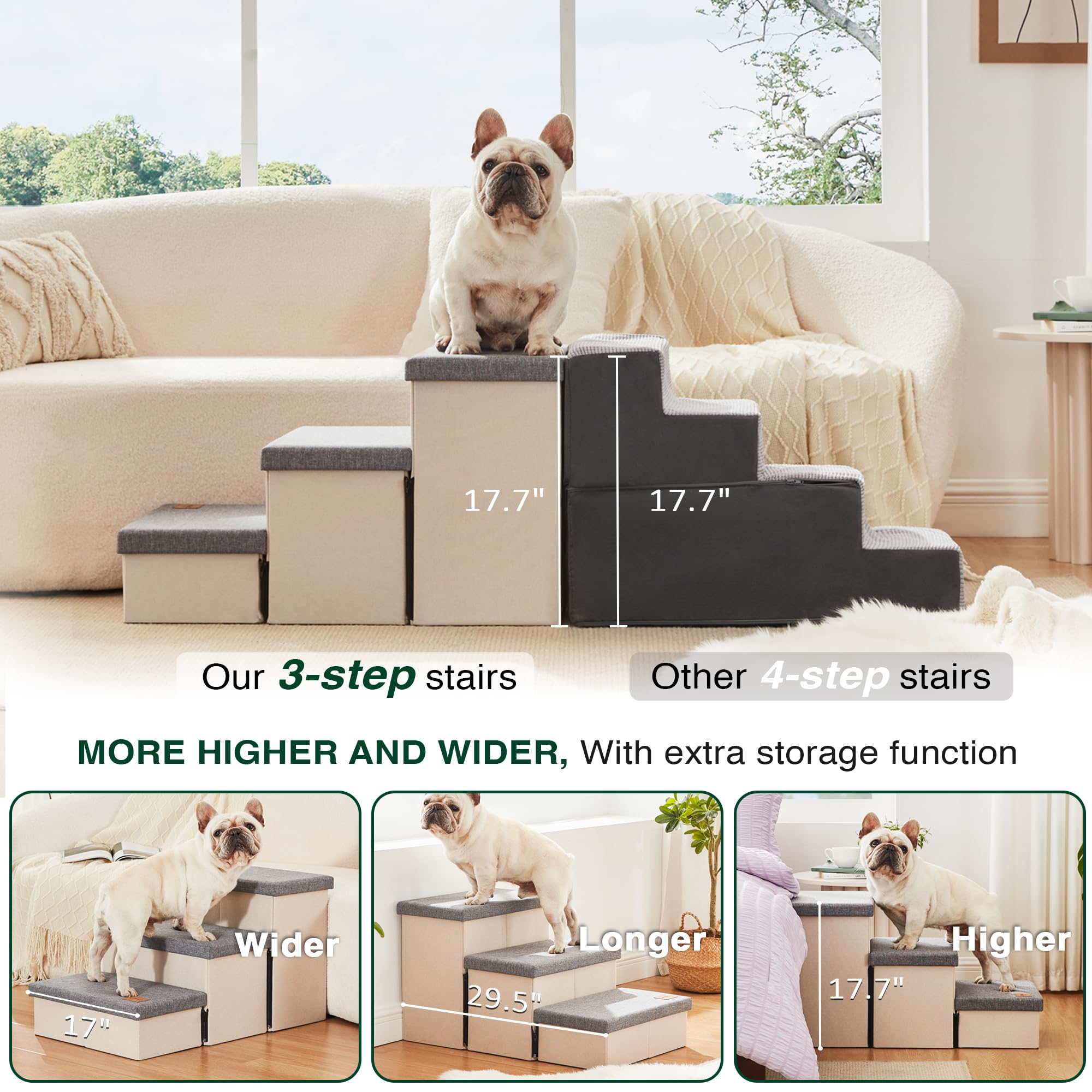 Love's cabin dog stairs three-step light grey helps pets reach higher beds comfortably.