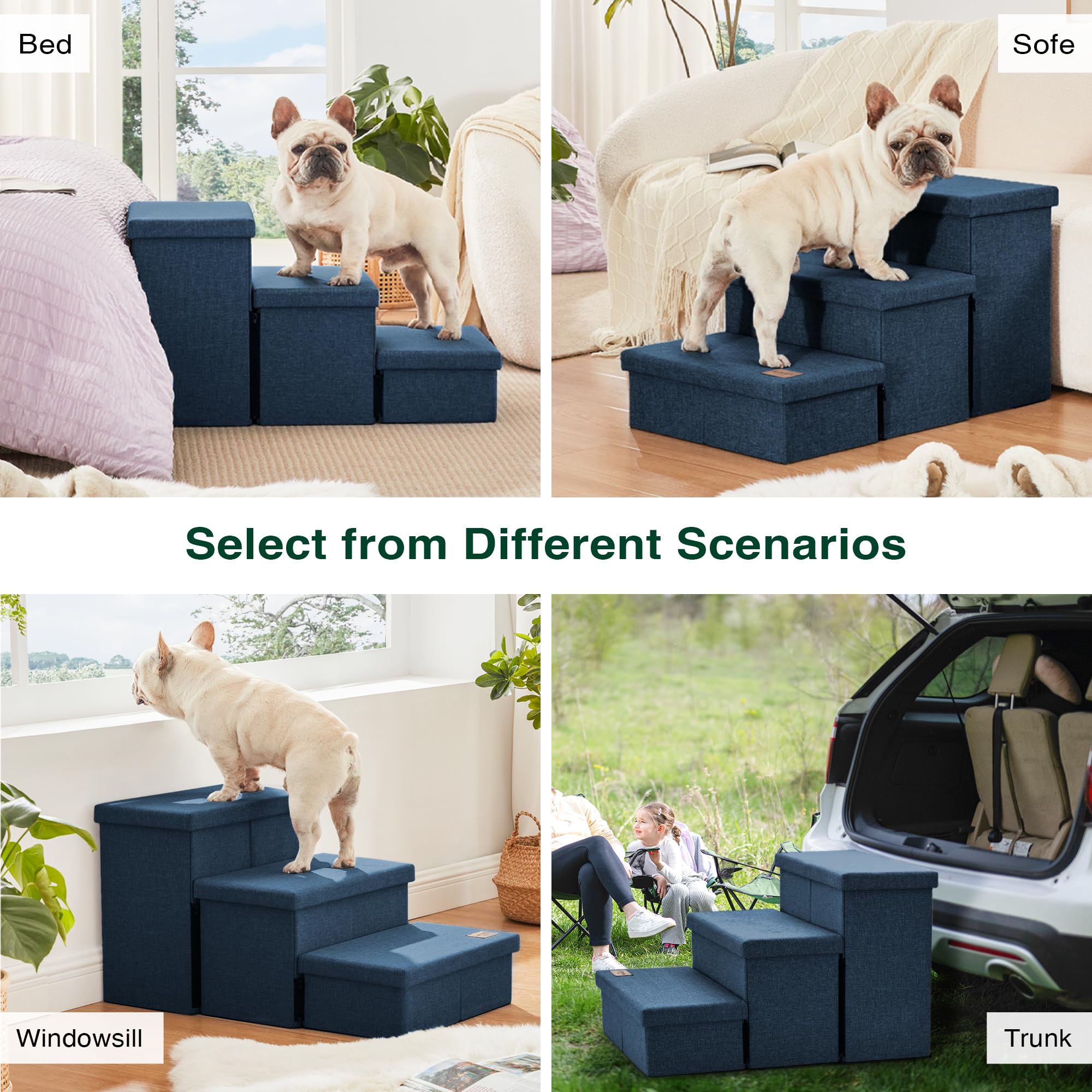Love's cabin dog stairs three-in-one storage keeps grooming supplies handy.