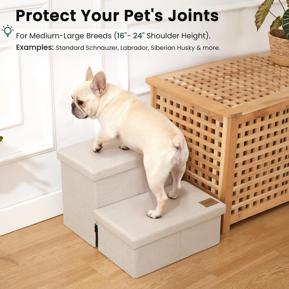 Loves cabin dog stairs against bed in a cozy living room scene.