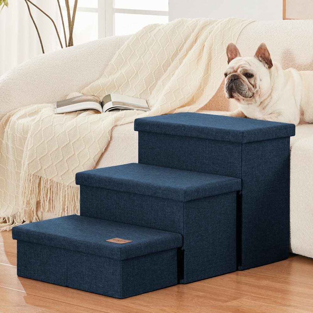 Love's cabin dog stairs in use on bed, couch, or car for easier access.