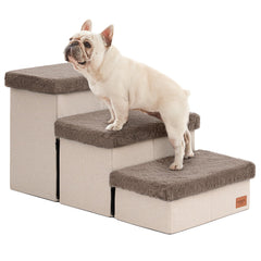 Love's cabin dog stairs beside bed with furry lids for easy pet access.