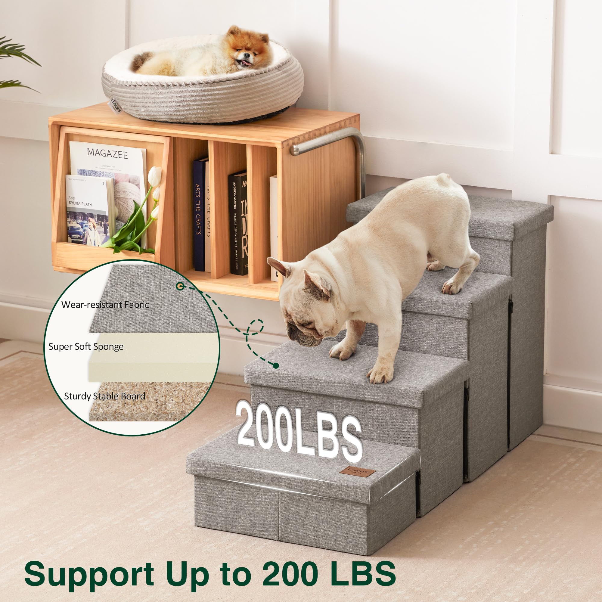 Love's cabin dog stairs durable fabric surface supports frequent pet use.
