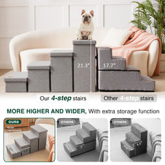 Love's cabin dog stairs with four storage compartments keeps leashes and blankets organized.