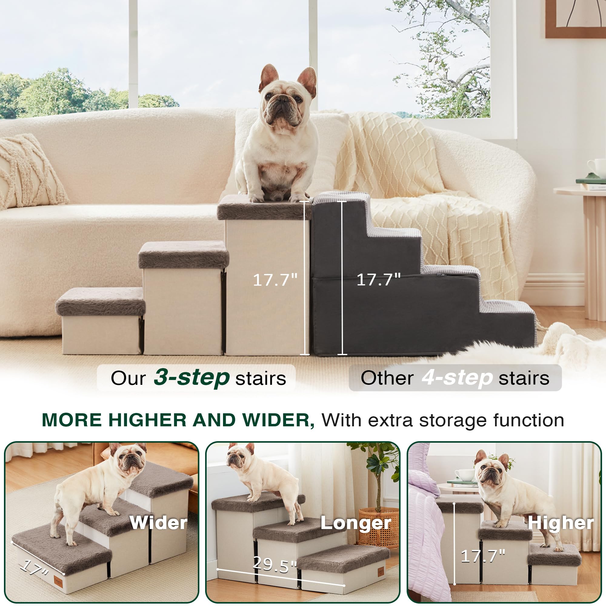 Love's cabin dog stairs with furry lids, inviting cozy climbs.