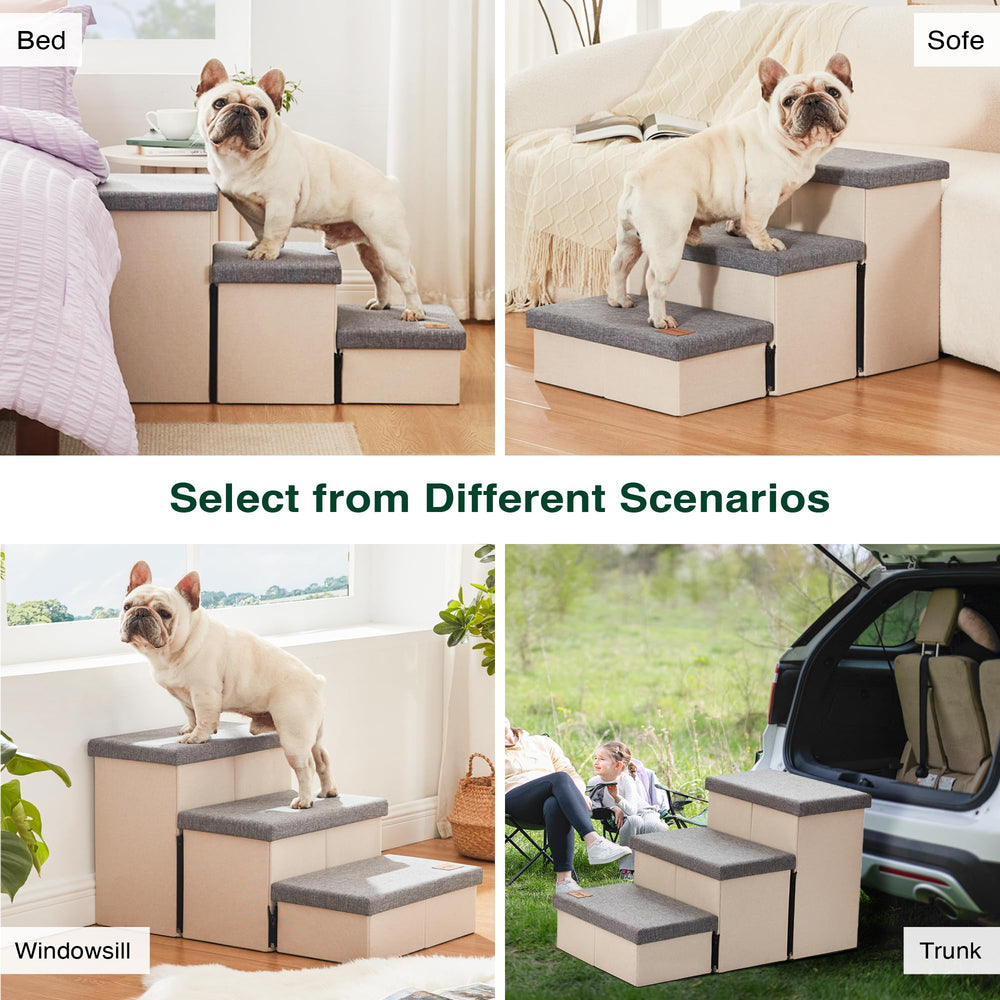 Love's cabin dog stairs on bed setup shows pets using stairs to reach the couch.