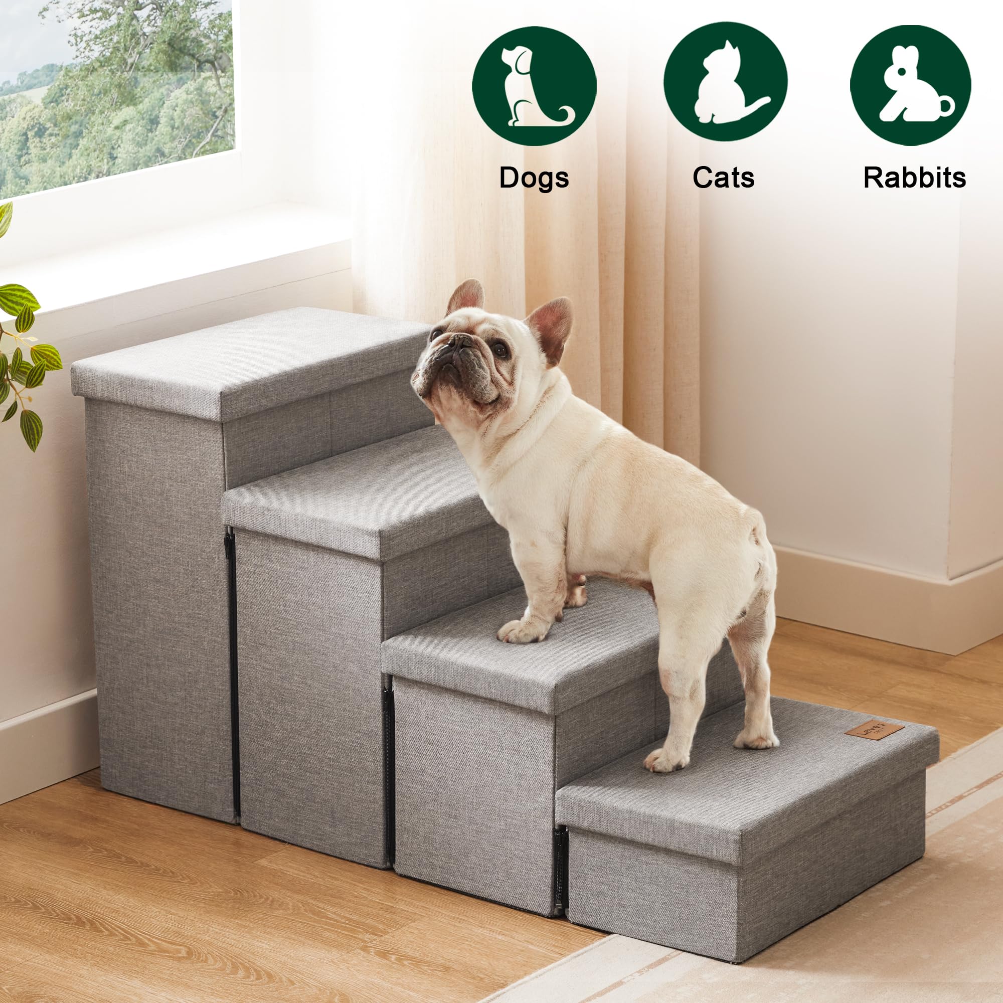 Love's cabin dog stairs offer storage space beneath each step for essentials.