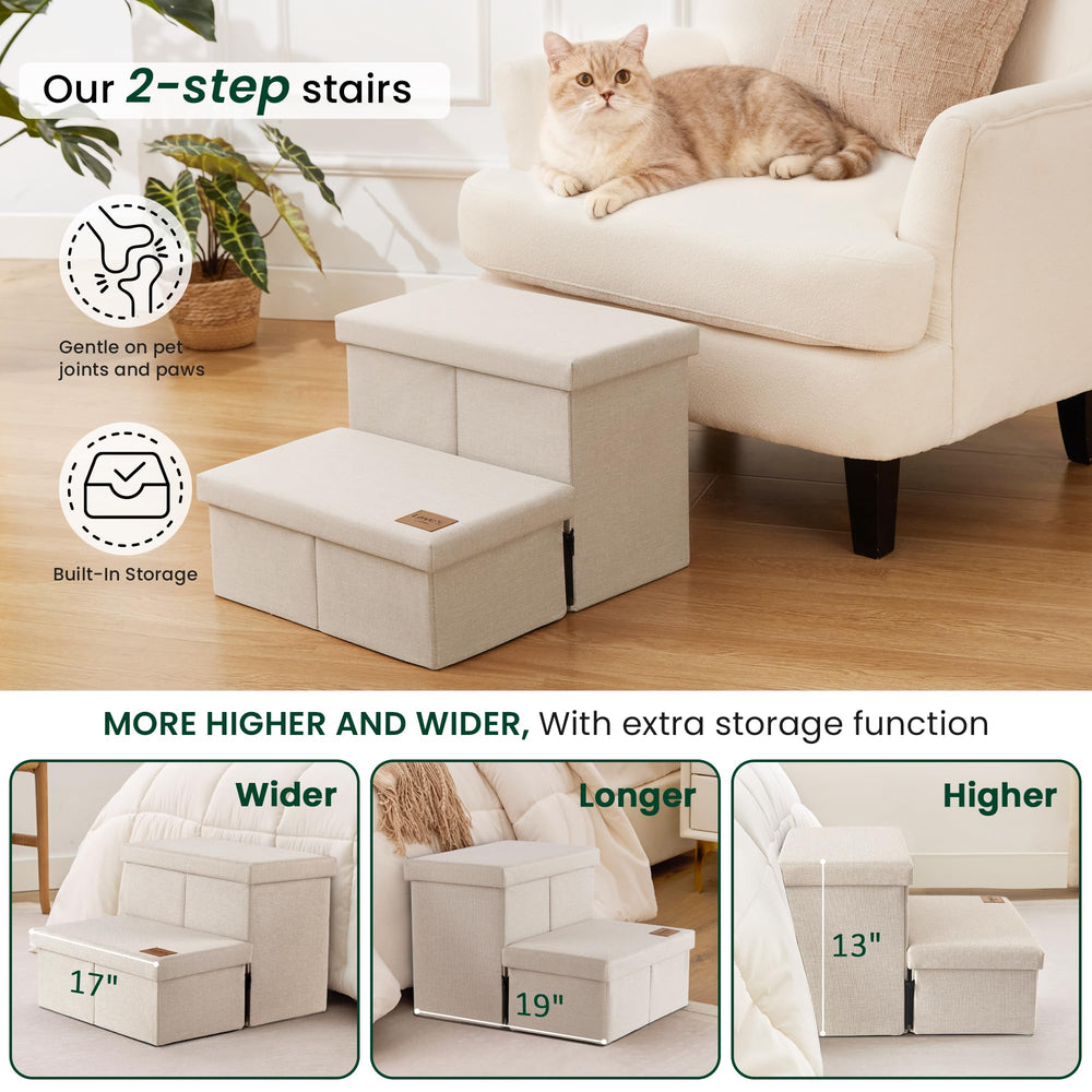 Loves cabin dog stairs storage boxes open for organizing pet gear.