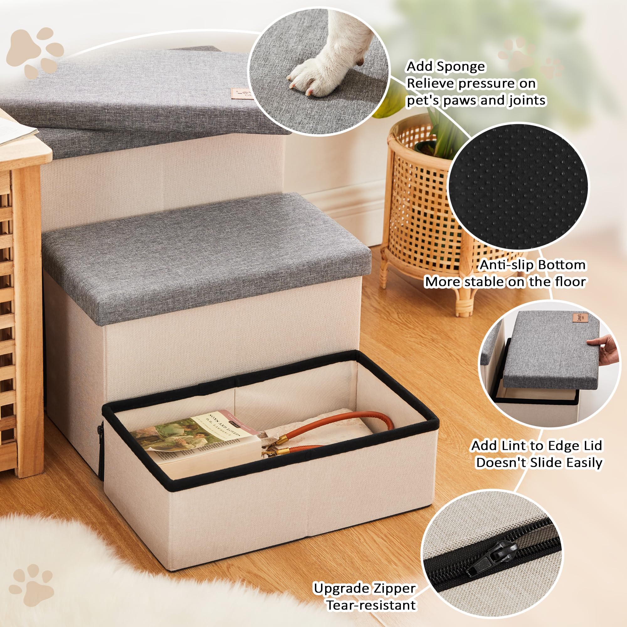 Love's cabin dog stairs storage boxes illustrate 3-in-1 convenience for pet items.