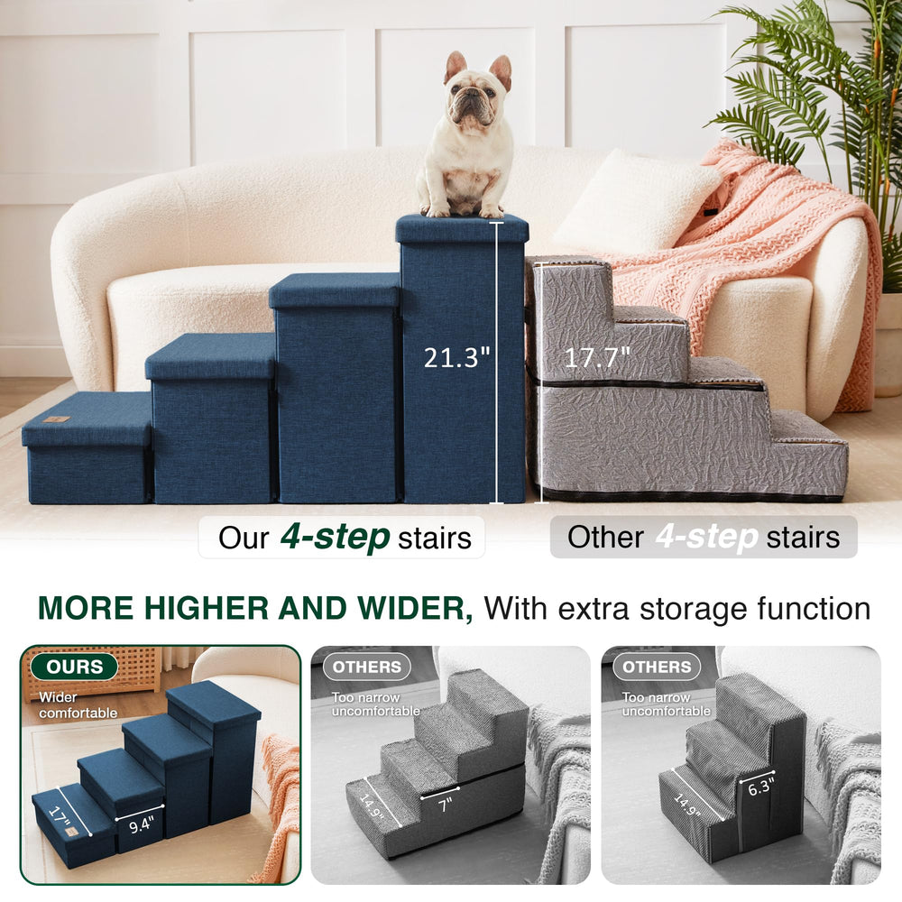 Love's cabin dog stairs storage compartments organize pet accessories within reach.