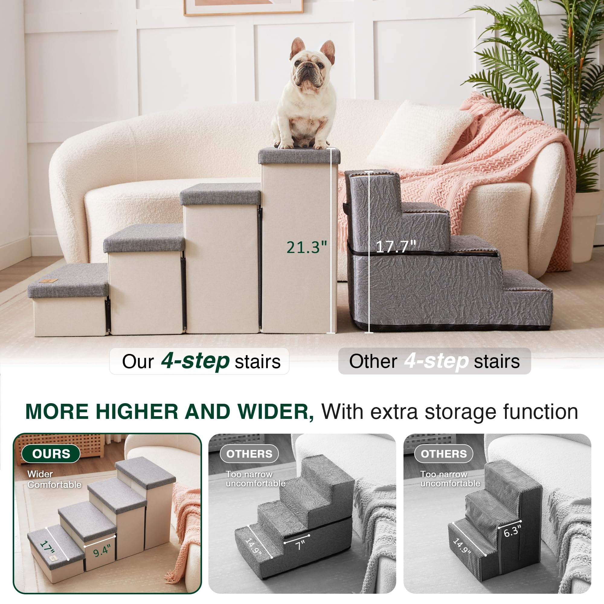 Love's cabin dog stairs storage compartments neatly organize leashes and blankets