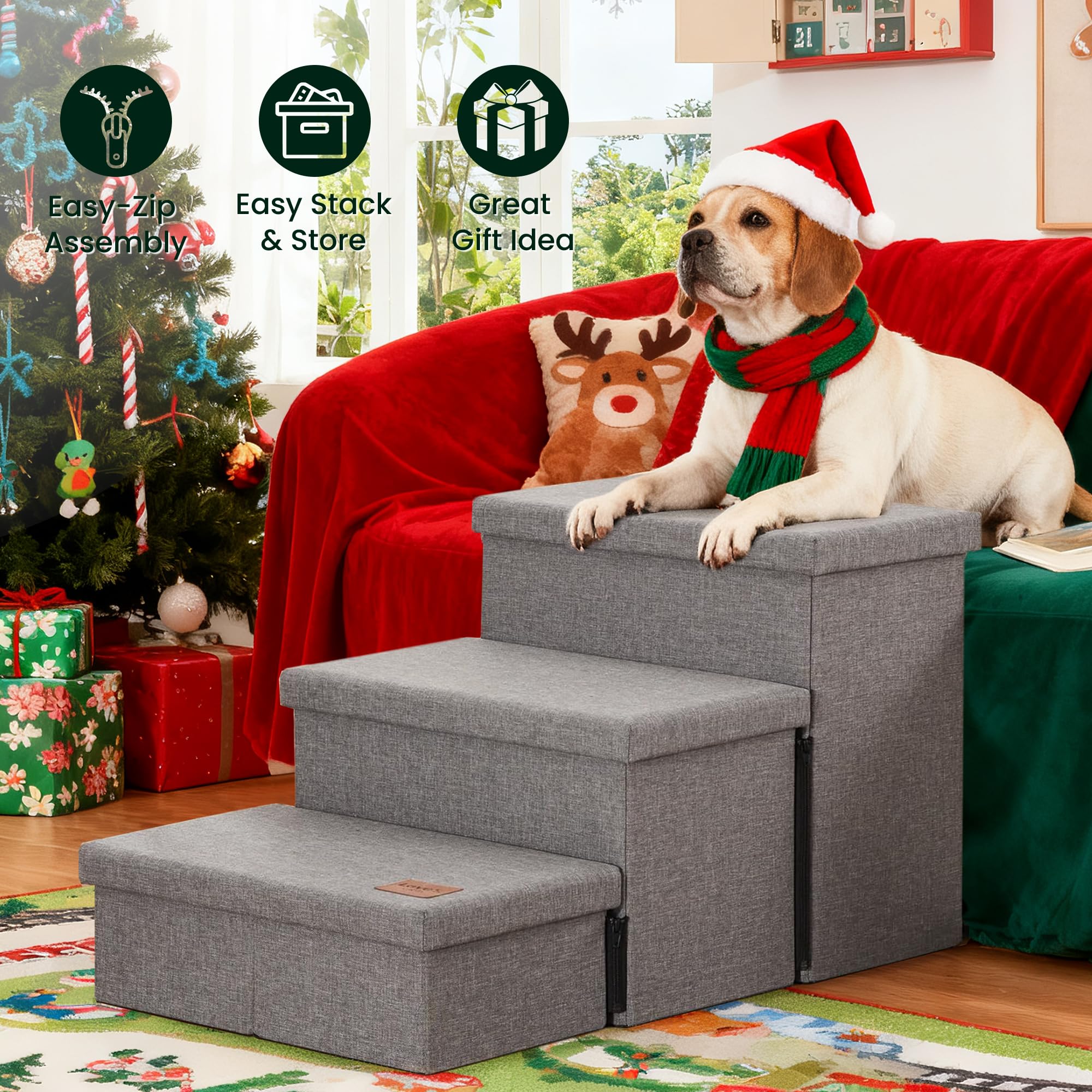 Love's cabin dog stairs storage compartments show three roomy bins for gear