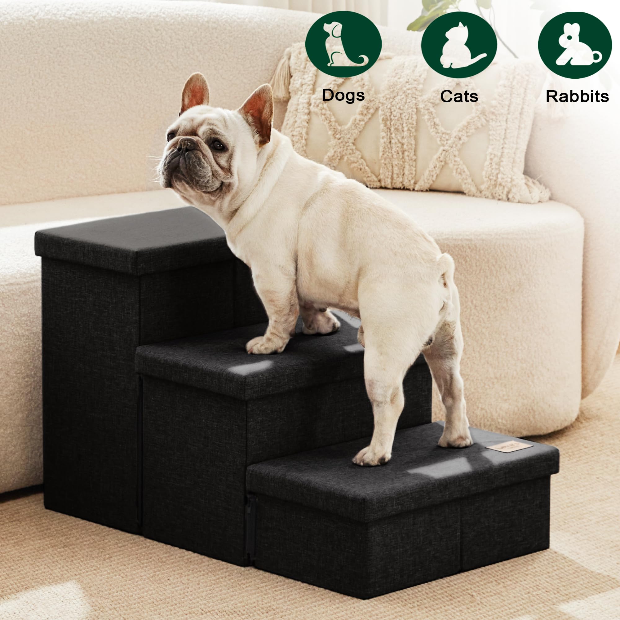 Love's cabin dog stairs storage-easy-assembly-video suggests quick setup with guided steps.