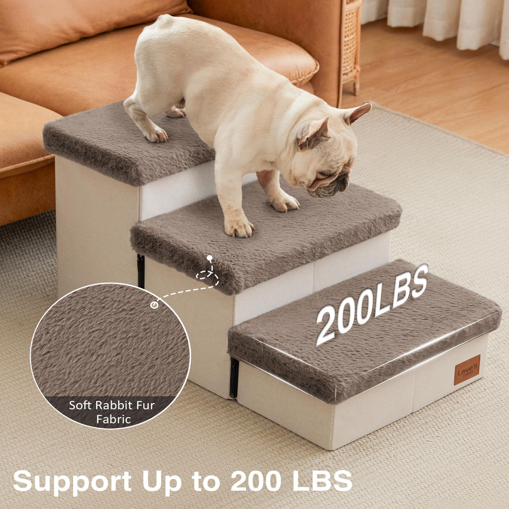 Love's cabin dog stairs with storage under steps for organized gear.