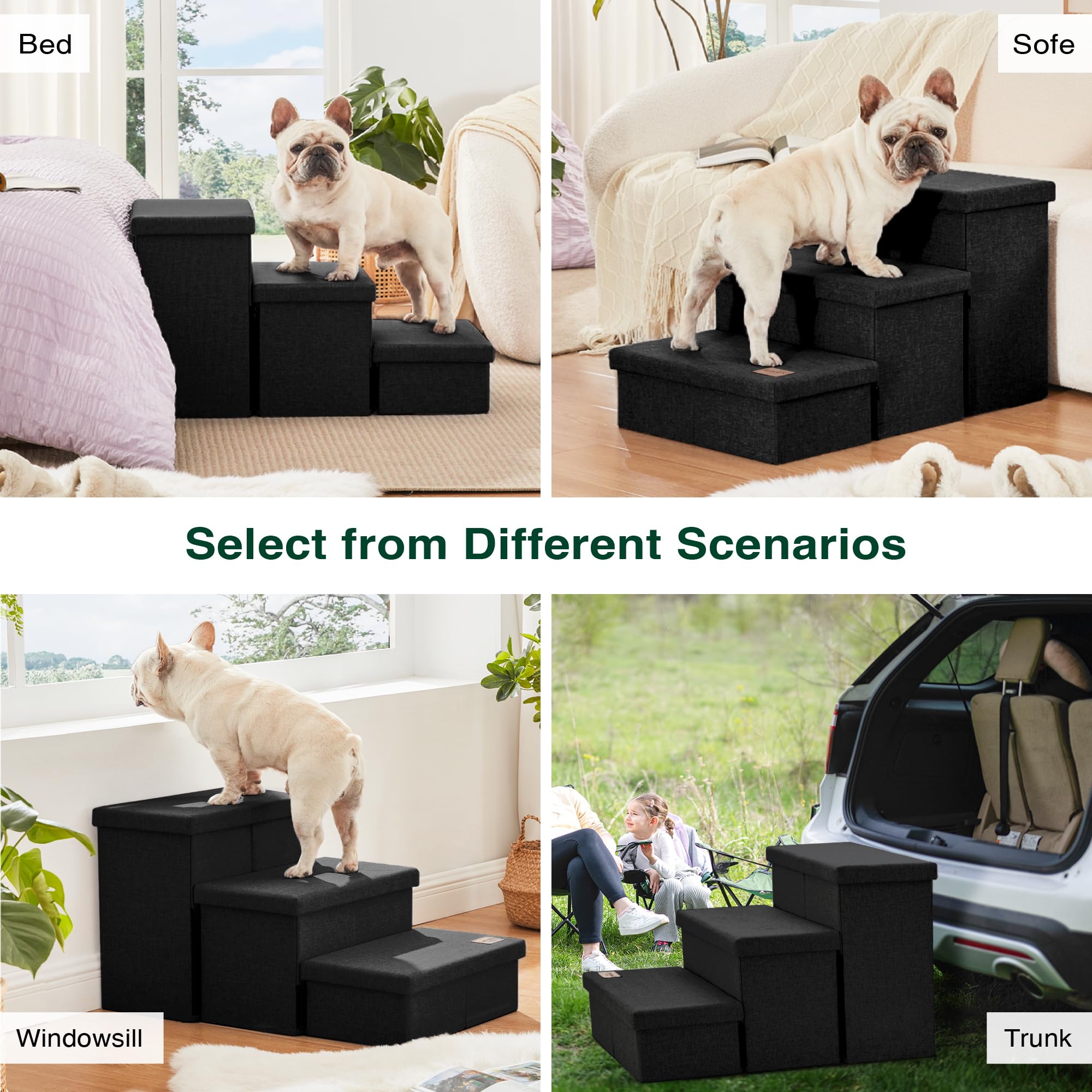 Love's cabin dog stairs storage-under-storage-boxes showcases convenient compartments for gear.