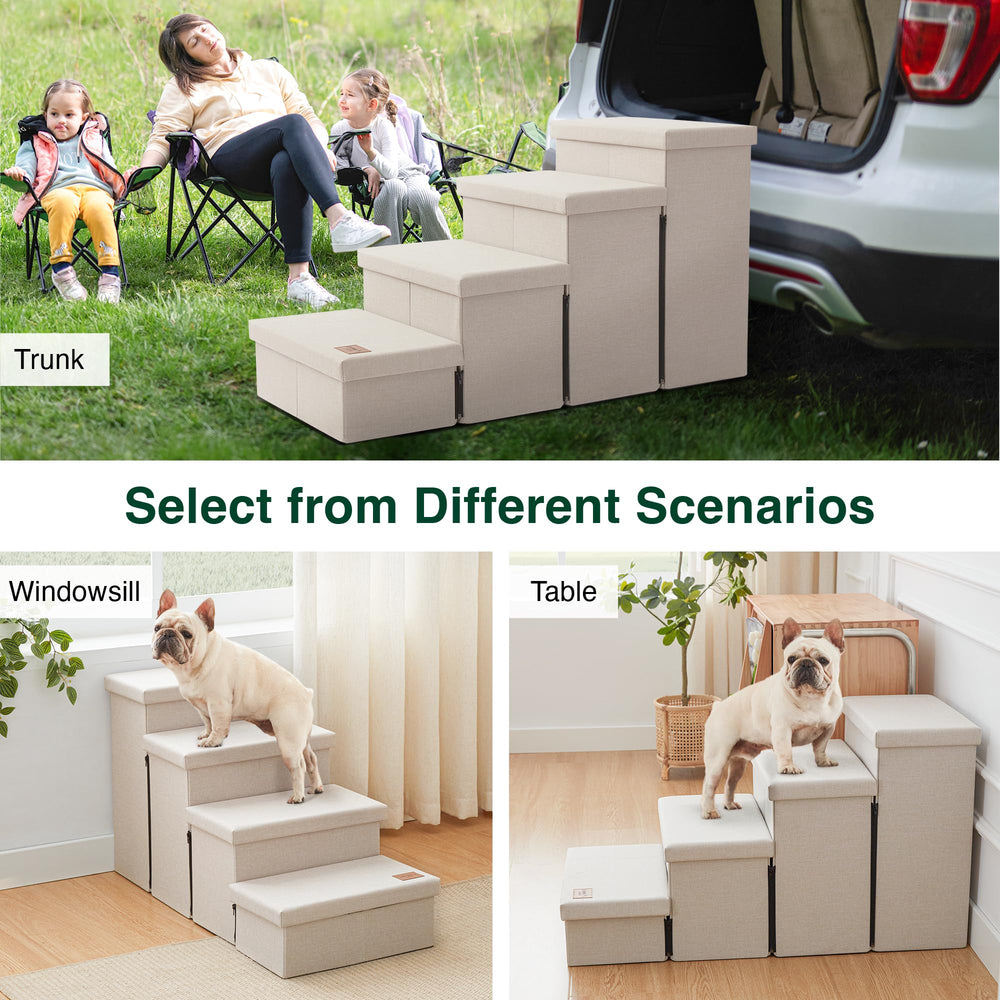 Love's cabin dog stairs storage underneath for pet items.