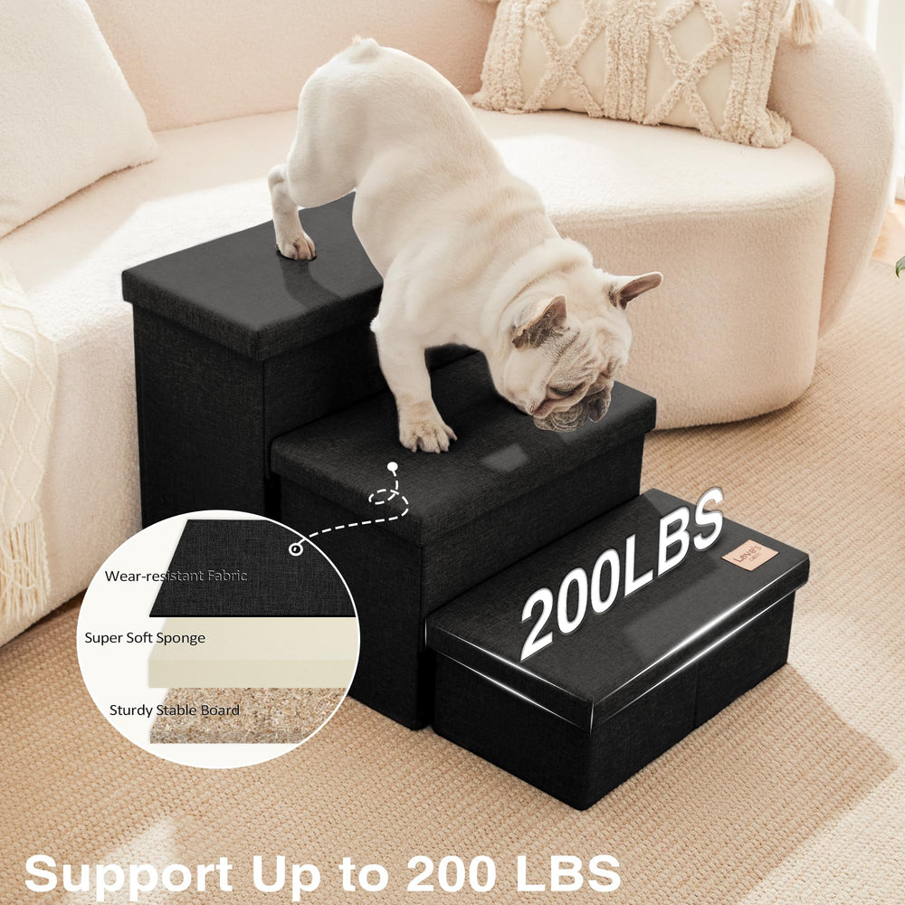 Love's cabin dog stairs storage upto-200lbs-capacity signals strong weight support for larger dogs.
