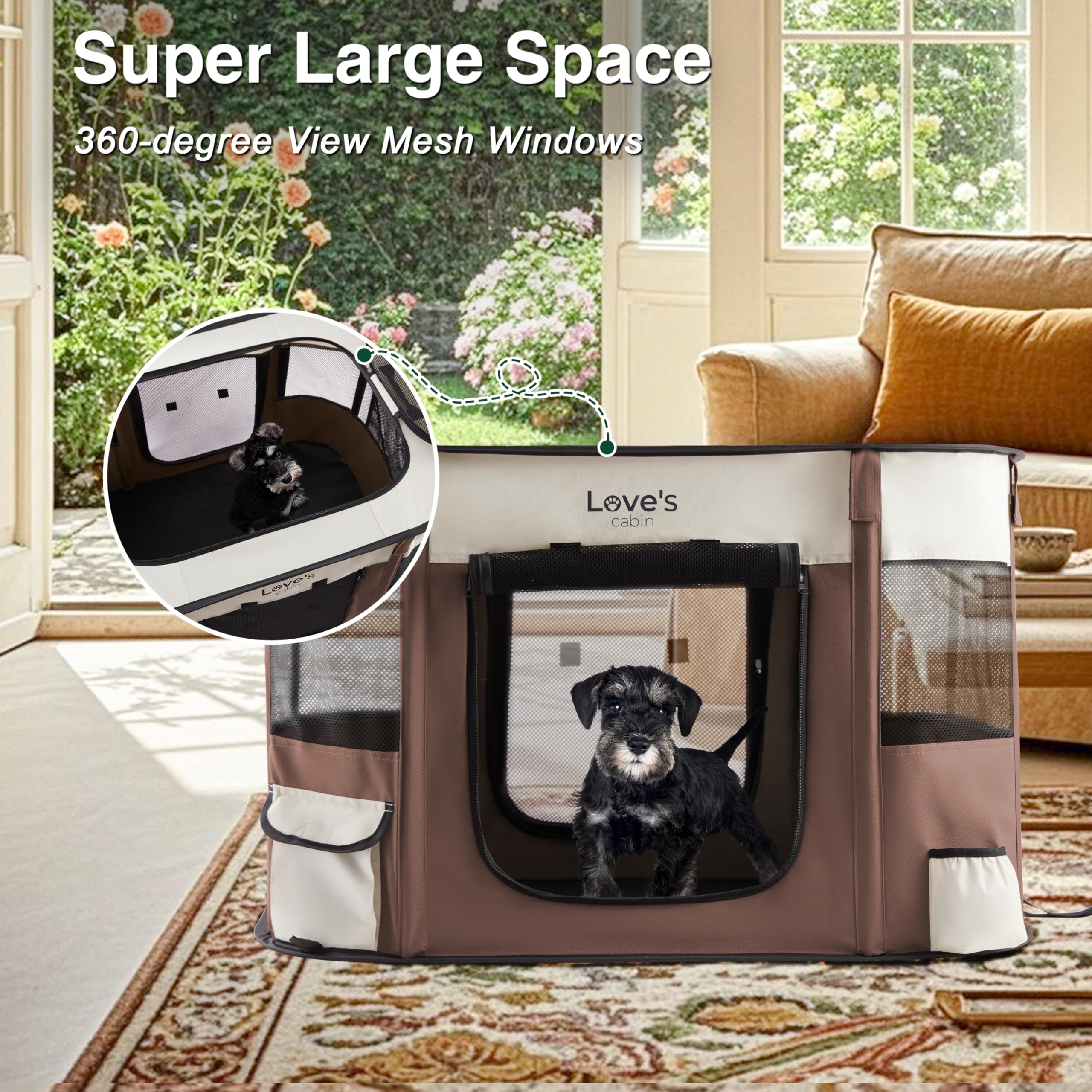 Love's cabin easy-clean setup with blanket underneath for coziness.