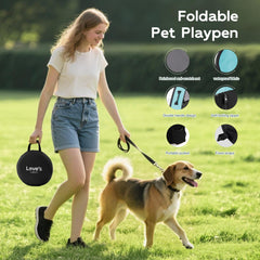 Love's cabin indoor/outdoor pet playpen in use with secure zipdoor