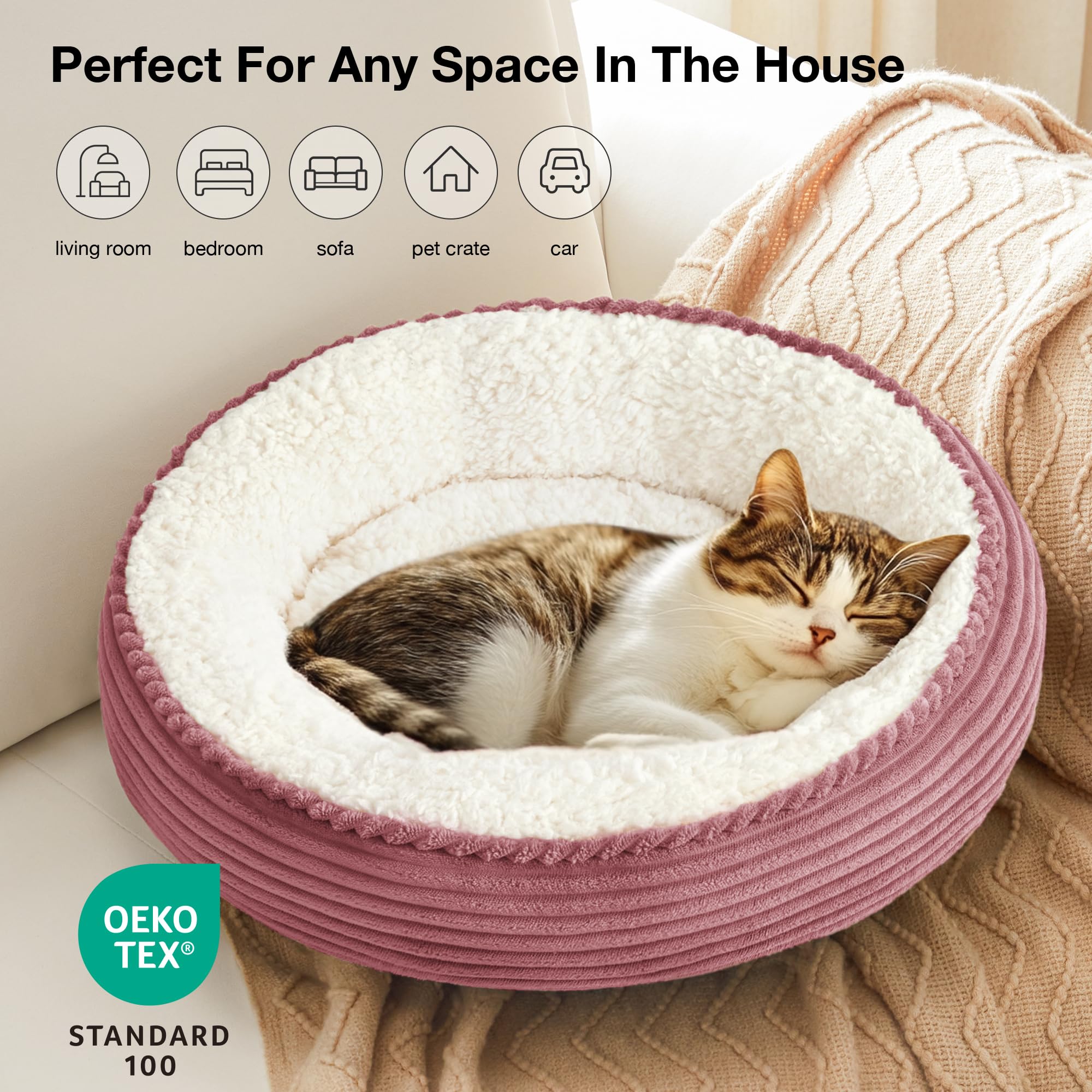 Love's cabin machine-washable bed close-up communicates effortless cleaning routine.
