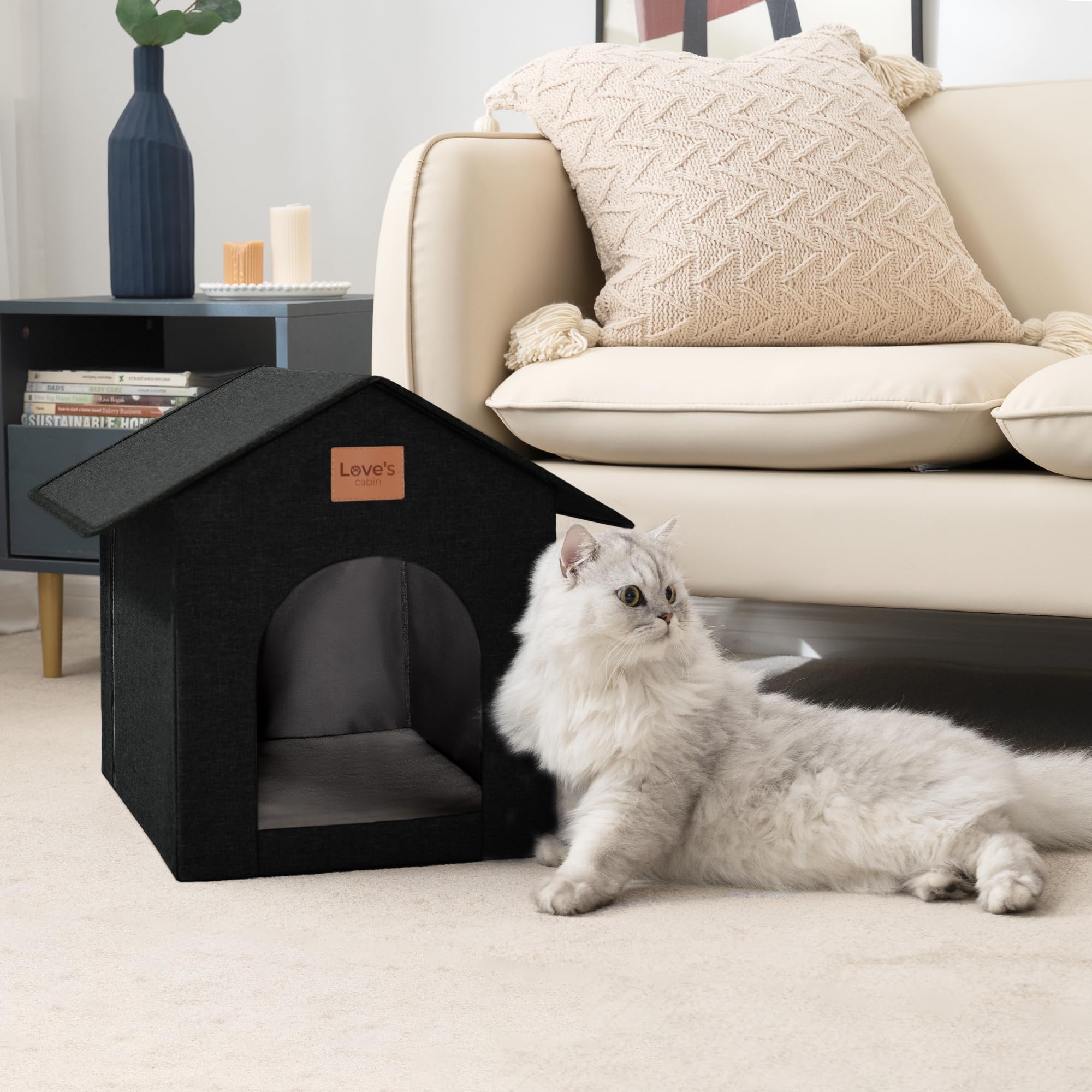Love's cabin outdoor cat house easy-clean design enables quick wipe-downs and machine-washable mat.