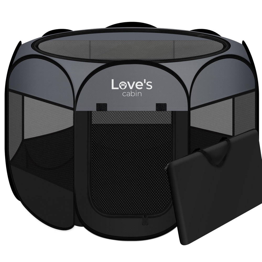 Love's cabin pet playpen folded in carrying case for easy travel.